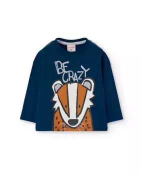 Хлопковая футболка для мальчика с принтом спереди и длинными рукавами Boboli, темно-синий