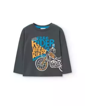 Хлопковая футболка для мальчика с принтом спереди и длинными рукавами Boboli, темно-серый