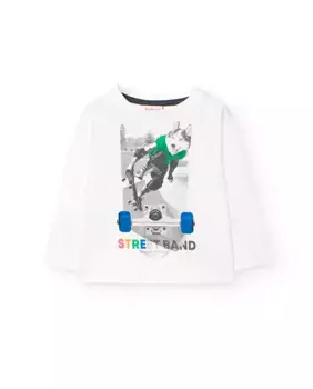 Хлопковая футболка для мальчика с принтом спереди и длинными рукавами Boboli, белый