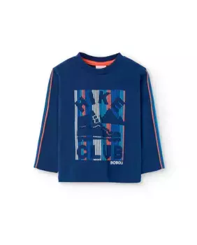 Хлопковая футболка для мальчика с рисунком спереди и длинными рукавами Boboli, темно-синий