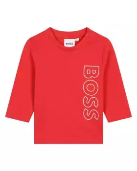 Хлопковая футболка для мальчика с вертикальным логотипом BOSS Kidswear, красный