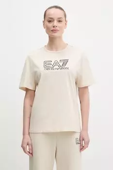 Хлопковая футболка Ea7 Emporio Armani, бежевый