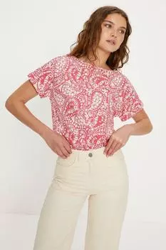 Хлопковая футболка Essential с цветочным принтом «пейсли» и рулонными рукавами Oasis, красный