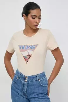 Хлопковая футболка Guess, бежевый