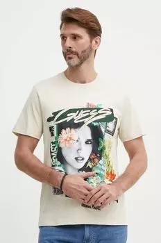 Хлопковая футболка Guess, бежевый