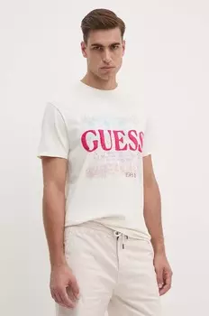 Хлопковая футболка Guess, бежевый