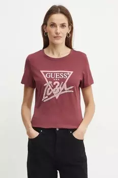 Хлопковая футболка Guess, бордовый