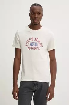 Хлопковая футболка Guess Jeans, бежевый