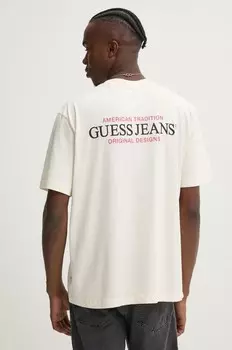 Хлопковая футболка Guess Jeans, бежевый