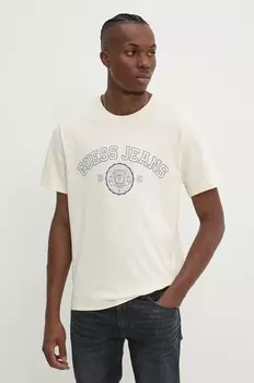 Хлопковая футболка Guess Jeans, бежевый