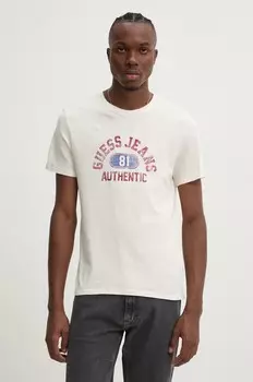 Хлопковая футболка Guess Jeans, бежевый