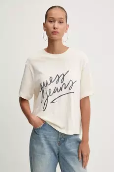 Хлопковая футболка Guess Jeans, бежевый