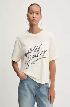 Хлопковая футболка Guess Jeans, бежевый