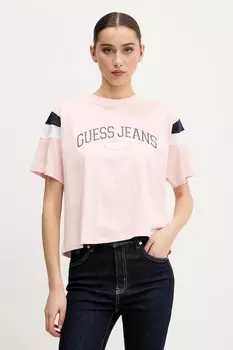 Хлопковая футболка Guess Jeans, розовый