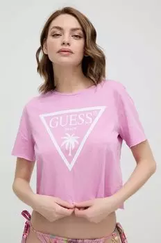 Хлопковая футболка Guess, розовый