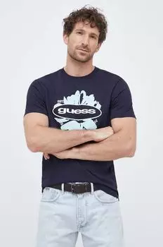 Хлопковая футболка Guess, темно-синий