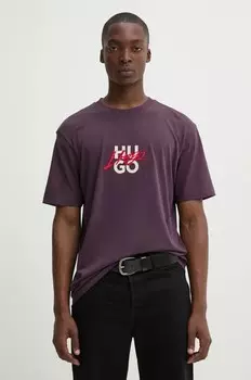 Хлопковая футболка Hugo, фиолетовый