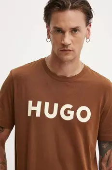 Хлопковая футболка HUGO, коричневый