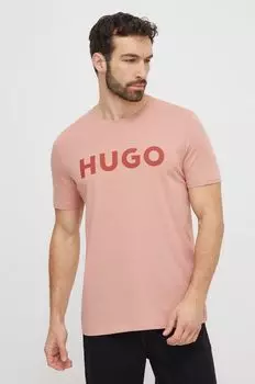 Хлопковая футболка Hugo, розовый