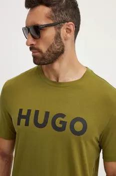 Хлопковая футболка HUGO, зеленый