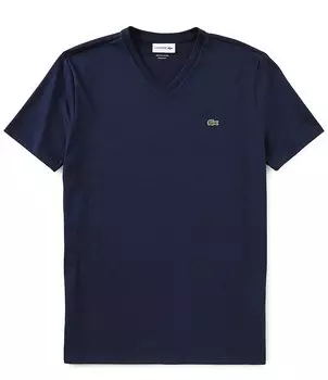 Хлопковая футболка Lacoste Pima с короткими рукавами и v-образным вырезом, синий