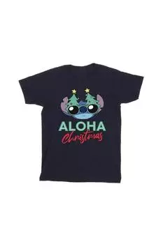 Хлопковая футболка «Лило и Стич в оттенках рождественской елки» Disney, темно-синий