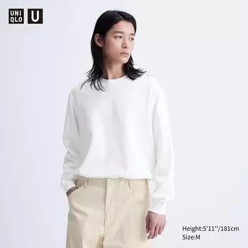 Хлопковая футболка оверсайз AIRism с круглым вырезом и длинными рукавами UNIQLO, белый