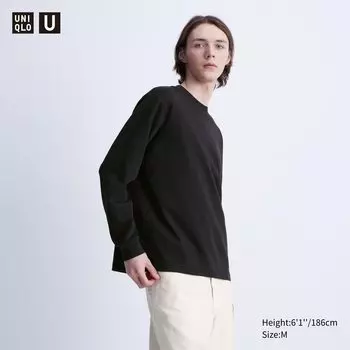 Хлопковая футболка оверсайз AIRism с круглым вырезом и длинными рукавами UNIQLO, черный
