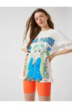 Хлопковая футболка оверсайз с принтом Koton, экрю