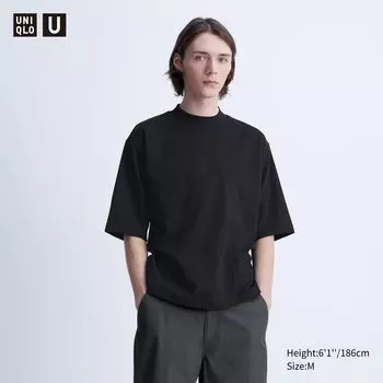 Хлопковая футболка оверсайз с воротником-стойкой AIRism UNIQLO, черный