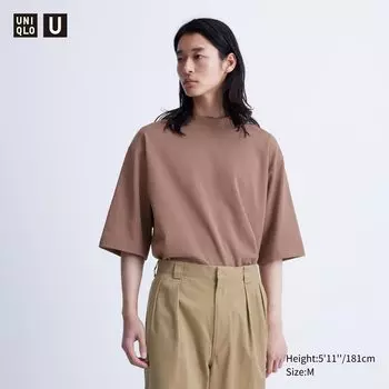 Хлопковая футболка оверсайз с воротником-стойкой AIRism UNIQLO, коричневый