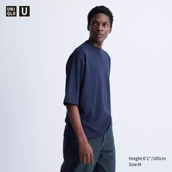 Хлопковая футболка оверсайз с воротником-стойкой AIRism UNIQLO, темно-синий