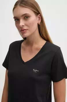Хлопковая футболка Pepe Jeans FLOWER V NECK, черный