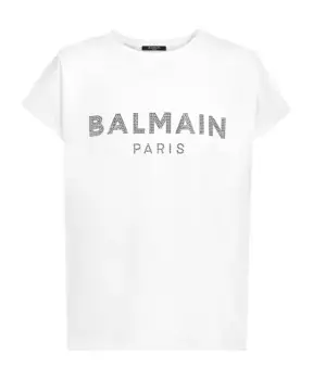 Хлопковая футболка с эко дизайном и логотипом из стразов Balmain, белый