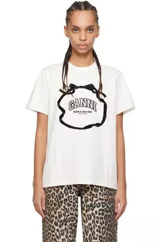 Хлопковая футболка с бантом свободного кроя Ganni, цвет egret