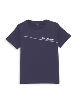 Хлопковая футболка с диагональным логотипом Little Kid's & Kid's Balmain, синий