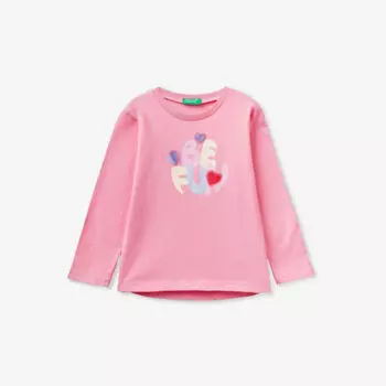 Хлопковая футболка с длинными рукавами и графическим принтом 18 месяцев - 6 лет Benetton, розовый