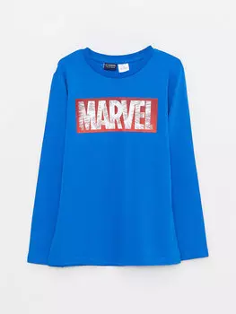 Хлопковая футболка с длинными рукавами и круглым вырезом для мальчиков с принтом Marvel LCW Kids, темно-синий