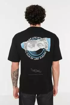 Хлопковая футболка с фигурным принтом Trendyol, черный