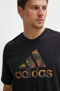 Хлопковая футболка с камуфляжным принтом adidas, черный