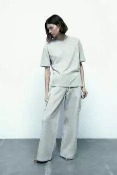 Хлопковая футболка с коротким рукавом ZARA, серый мергель