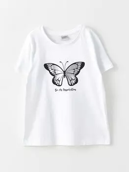 Хлопковая футболка с короткими рукавами и принтом для девочек с круглым вырезом LCW Kids