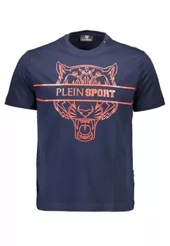 Хлопковая футболка с круглым вырезом и контрастным принтом-логотипом Plein Sport, синий