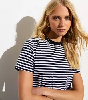 Хлопковая футболка с круглым вырезом в полоску темно-синего цвета New Look, синий