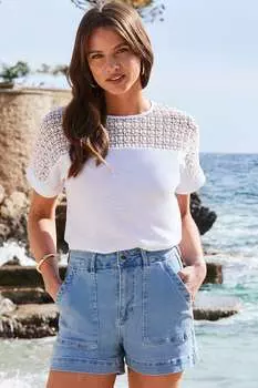 Хлопковая футболка с кружевом Sosandar, белый