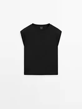 Хлопковая футболка с мягкими деталями на плечах Massimo Dutti, черный