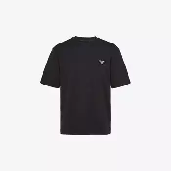 Хлопковая футболка с нашивкой-логотипом с круглым вырезом Prada, черный