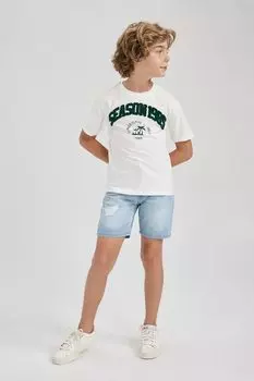 Хлопковая футболка с овальным вырезом Defacto, зеленый