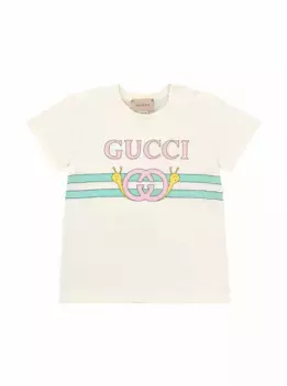Хлопковая футболка с принтом Gucci, бежевый