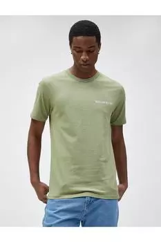 Хлопковая футболка с принтом с надписью Slim Fit с круглым вырезом Koton, хаки